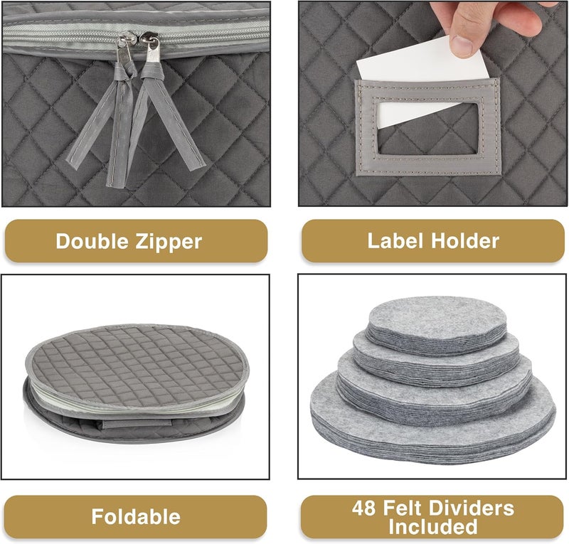 Stack Store Plus More Fine China Storage - Set of 4 Quilted Cases for Dinnerware Storage. Sizes: 12" - 10" - 8" and 7" Wide - Gray - 48 Felt Plate Separators Included - Image 4